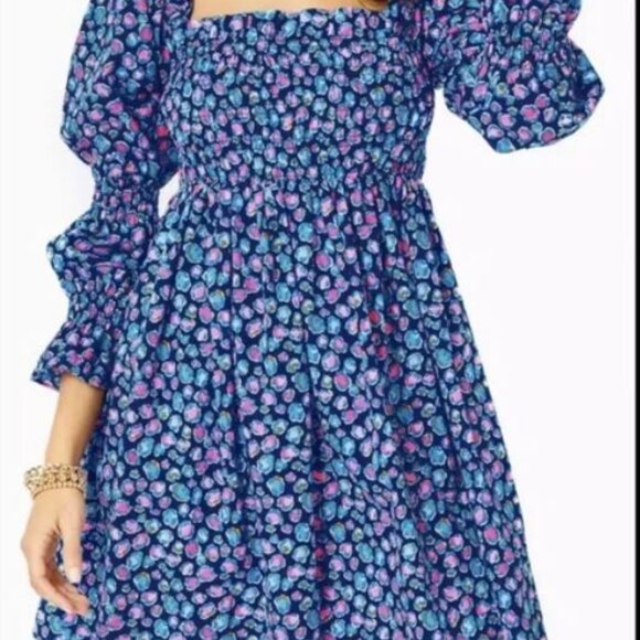 Cotton navy Lilly Pulitzer Beyond Beyonca Long Sleeve Smocked Babydoll Dress  XL - Picture 2 of 16
